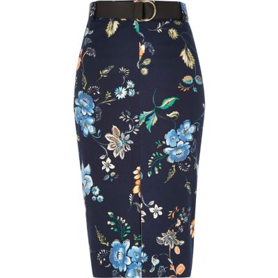 Navy belted pencil skirt